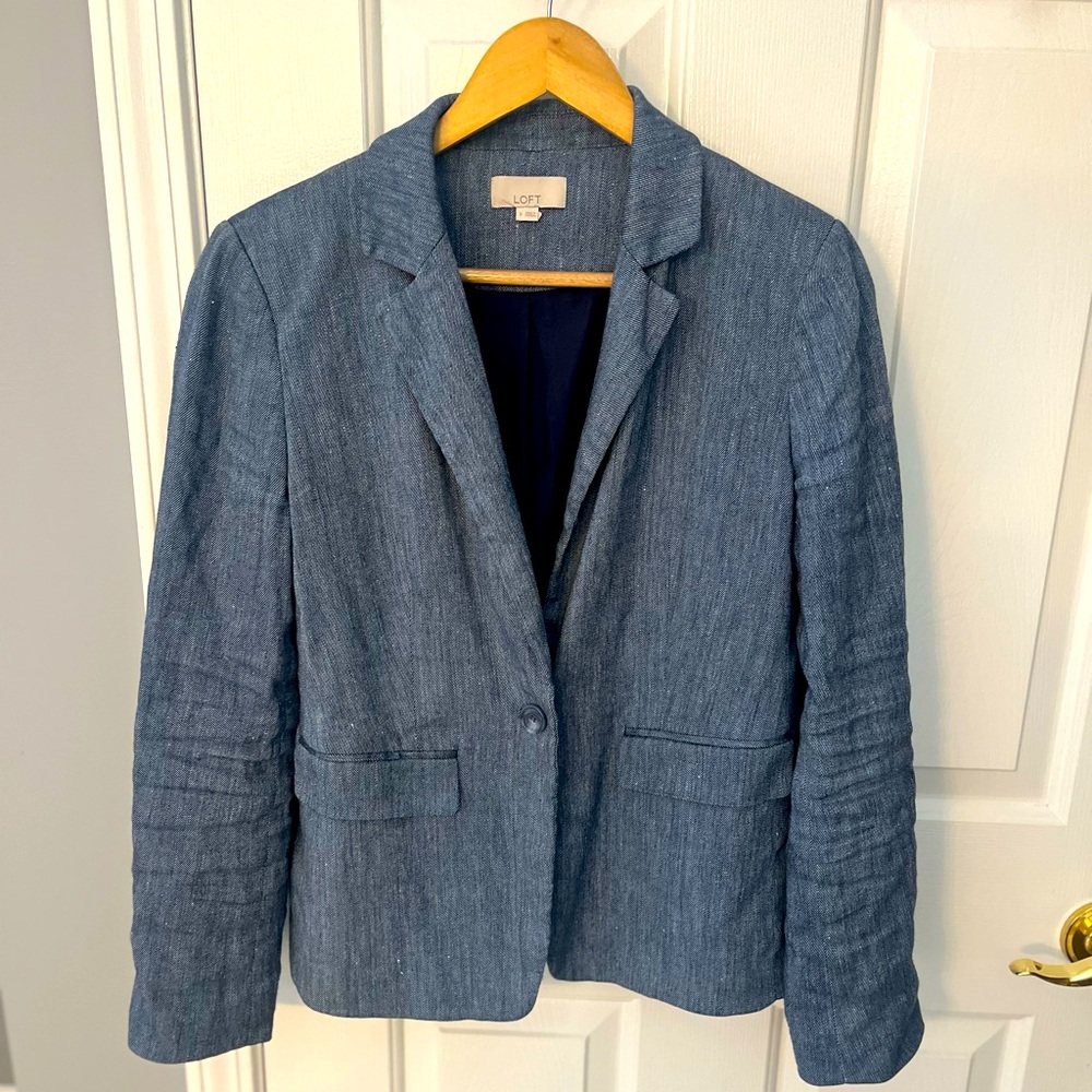 LOFT Denim-Textured Blue Single-Button Blazer